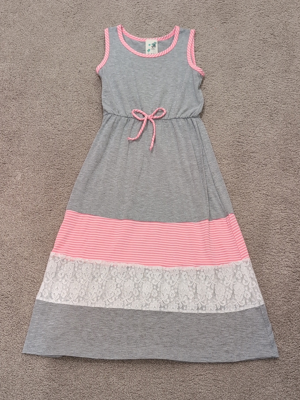 Lily Bleu Grey and Pink Striped Knit Maxi Dress with Lace Panel
